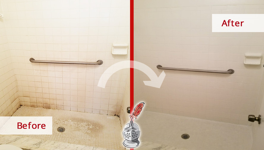 This Master Bathroom Was Completely Transformed after Our Grout Cleaning Service in Orange Park, Florida Before and after Picture of Our Grout Cleaning Service in Orange Park, Florida