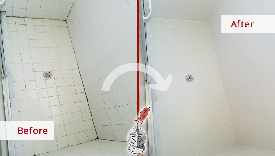 Our Experts Restored Completely This Shower after a Grout Cleaning Service in Orange Park, Florida Before and after Picture of Our Grout Cleaning Service in Orange Park, Florida