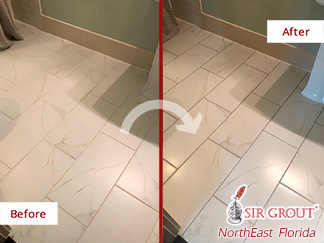 Before and After Image of a Bathroom Floor After a Tile Sealing in Atlantic Beach