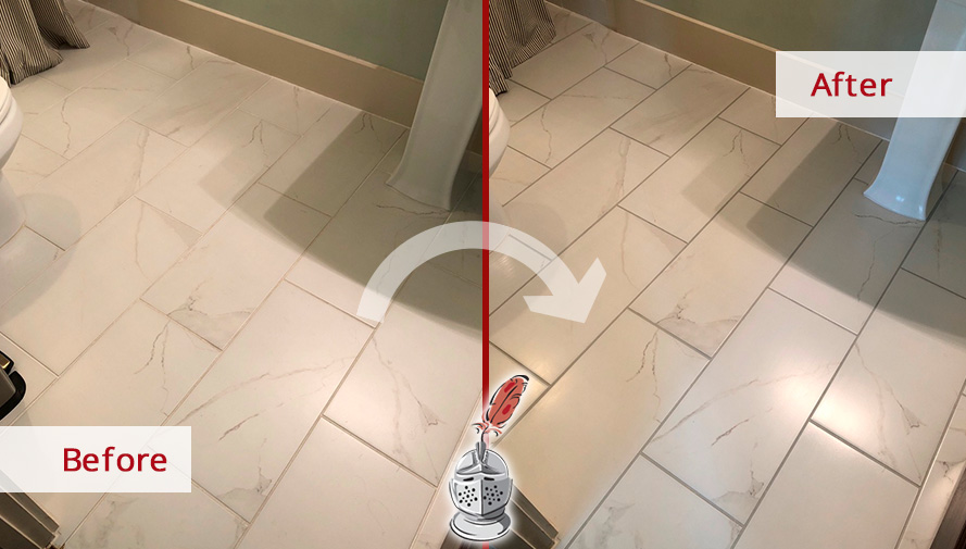 Before and After Image of a Bathroom Floor After a Professional Tile Sealing in Atlantic Beach