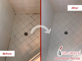 Before and After Image of a Shower After a Grout Sealing in Jacksonville, FL
