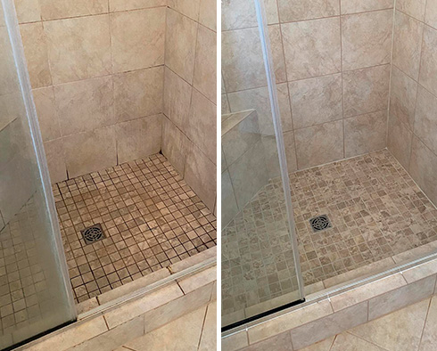 Picture of Ceramic Shower Before and After a Grout Recoloring in Fernandina Beach