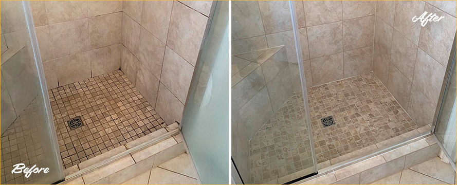 Picture of Ceramic Shower Before and After a Grout Recoloring in Fernandina Beach