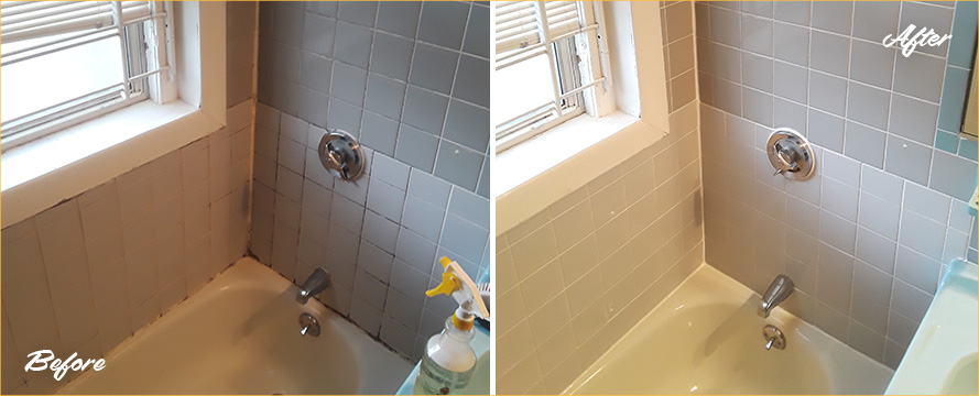 Before and After Picture of a Shower After a Professional Grout Cleaning in Neptune Beach