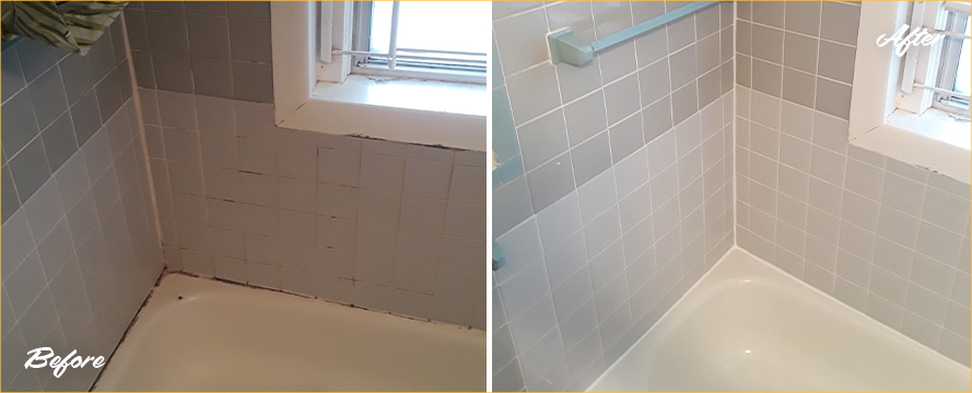 Before and After Picture of a Shower After a Superb Grout Cleaning in Neptune Beach