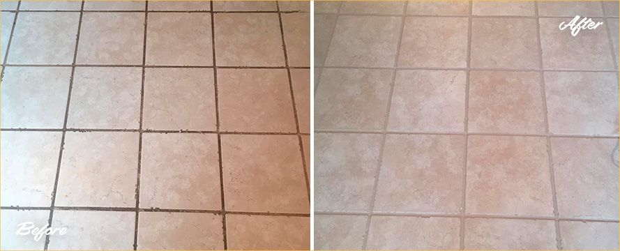 Kitchen Floor Before and After a Professional Grout Cleaning in Fleming Island, FL