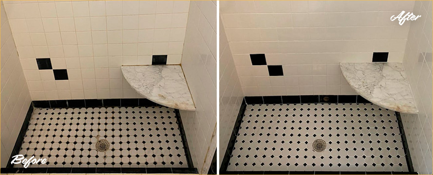Picture of a Shower Floor Before and After a Superb Grout Sealing in Jacksonville, FL