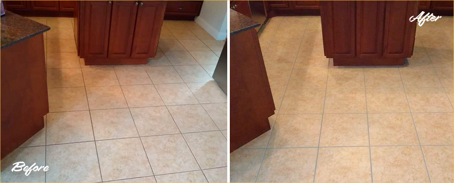 Picture of a Kitchen Floor Before and After a Grout Cleaning in Palencia, FL