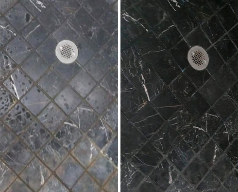 Marble Shower Floor Before and After a Stone Cleaning Service in St. Johns
