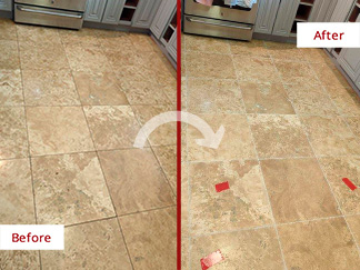 Travertine Kitchen Floor Before and After Our Grout Cleaning Services in St Augustine, FL