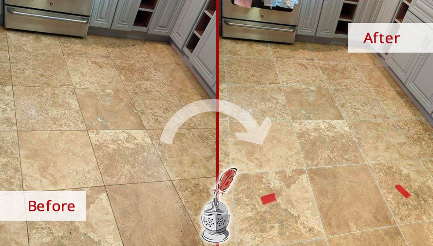 Travertine Kitchen Floor Before and After Our Grout Cleaning Services in St Augustine, FL