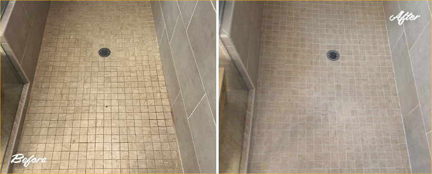 Shower Before and After a Remarkable Grout Sealing in Ponte Vedra Beach, FL