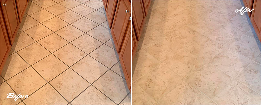 Porcelain Kitchen Floor Before and After a Grout Cleaning in Neptune Beach