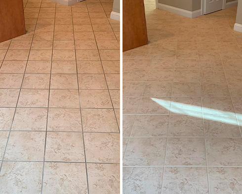 Porcelain Dining Room Floor Before and After a Grout Cleaning in Neptune Beach