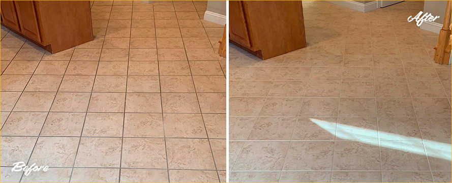 Porcelain Dining Room Floor Before and After a Grout Cleaning in Neptune Beach