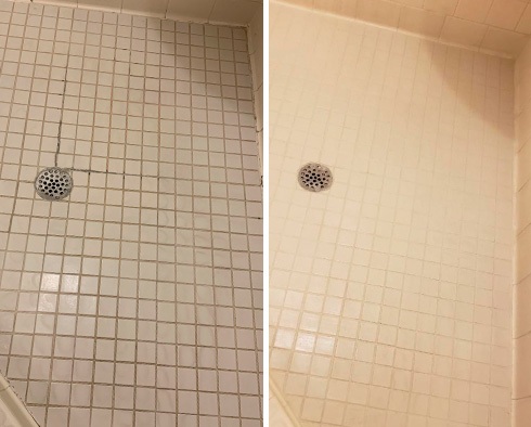 Shower Floor Before and After Our Grout Sealing in Fleming Island, FL