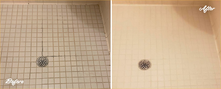 Shower Floor Before and After Our Grout Sealing in Fleming Island, FL