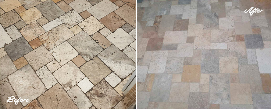Close-up of Stone Floor Before and After a Stone Cleaning in Jacksonville