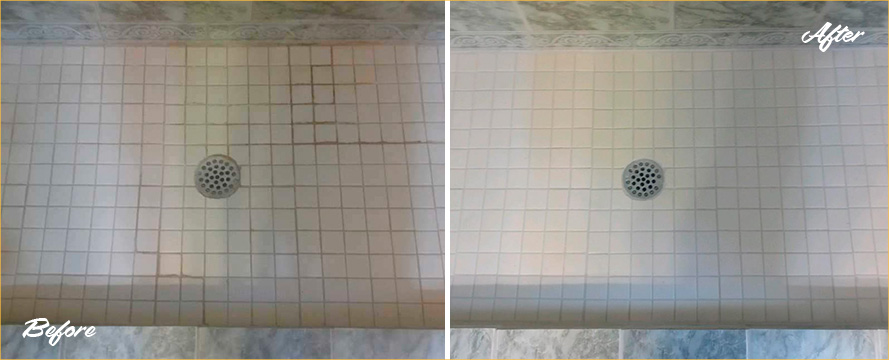 Shower Floor Before and After our Hard Surface Restoration Services in St. Augustine, FL