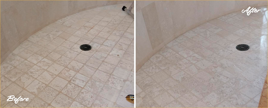 Master Shower Before and After Our Grout Cleaning in St Augustine Beach, FL