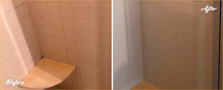 Before and After Hard Surface Restoration Services Tile Shower in Jacksonville, FL