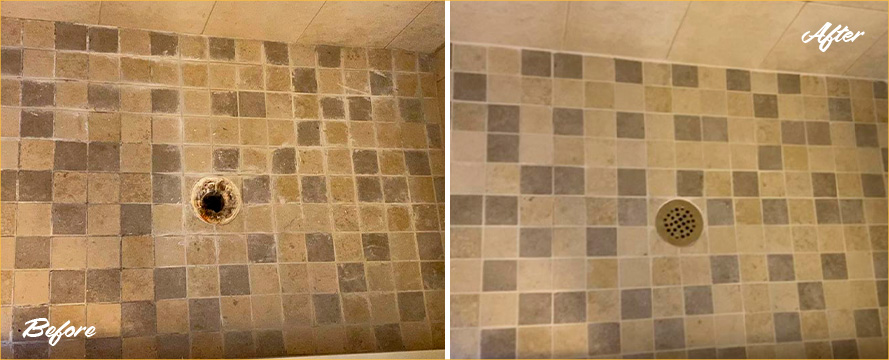 Shower Floor Before and After a Grout Cleaning in St. Johns, FL