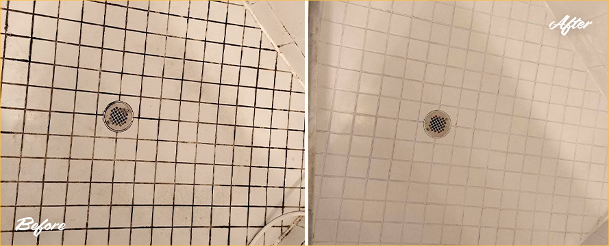 Shower Before and After Our Superb Hard Surface Restoration Services in Jacksonville, FL