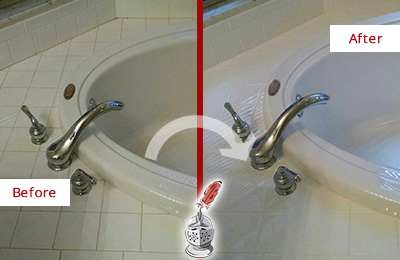 Before and After Picture of Tub Caulking on the Joints of this Bathtub