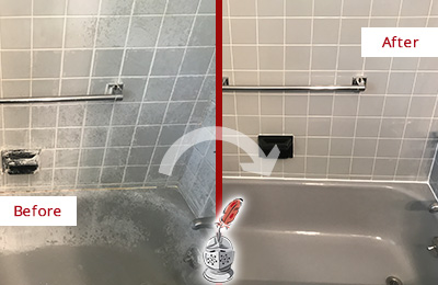 Sir Grout Caulks the Tub of this Porcelain Tile Bathroom to Avoid Water Leakages Picture of a Grey Bathtub with Stained Caulking Before and After a Tub Recaulking
