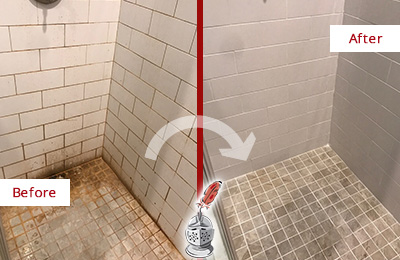 Before and After Picture of Bathroom Grout Cleaning and Sealing to Remove Stains