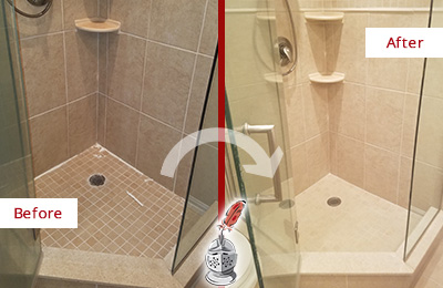 Sir Grout Recaulks this Porcelain Tile Bathroom to Avoid Water Leakages Before and After Picture of a Grout Recaulking on a Porcelain Tile Shower
