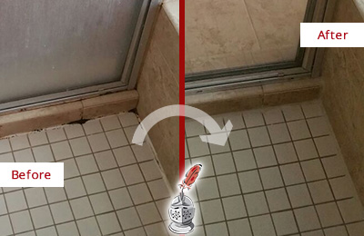 Sir Grout Restored this Shower Floor joints with a Grout Recaulking to Replace Damaged Caulk Before and After Picture of a Grout Recaulking on the Floor Joints