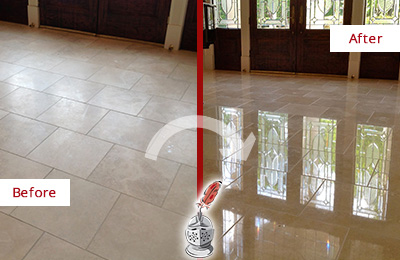 Sir Grout Hones and Polishes this Dull Travertine Floor to a High Gloss Before and After Picture of a Dull Travertine Floor Honed and Polished to a High Gloss