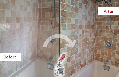 Sir Grout Hones and Polishes these Travertine Tub Walls to Remove Soap Scum Before and After Picture of a Travertine Bath Tub Honed and Polished to Remove Soap Scum