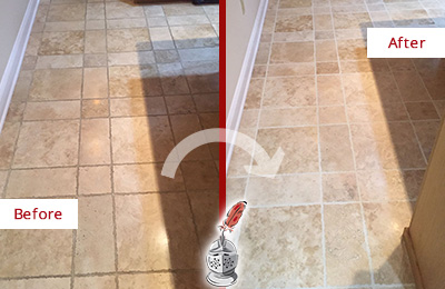 Sir Grout Hones and Polishes this Kitchen's Tumbled Travertine Floor to Recover Its Sheen Before and After Picture of Dirty Kitchen Tumbled Travertine Floor Honed and Polished to Recover its Sheen