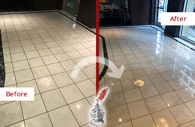 Sir Grout of NE Florida Stone Services Help Maintain, Clean, and Polish Building Lobbies and Commercial Offices Stone Surfaces Picture of a Building Marble Entrance Floor Before and After Stone Restoration, Cleaning and Polishing