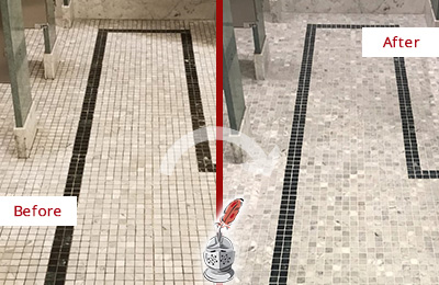 Sir Grout of NE Florida Stone Cleaning Services Can Help Repair the Look of this Grimy Hospital's Restroom Before and After Picture of a Hospital Travertine Bathroom Floor Stone Cleaning Service