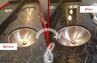 Sir Grout of NE Florida Stone Services Are Ideal for Enhancing Restrooms Marble Countertops and Keep Them Perfect All Year Round Picture of an Office Restroom's Marble Countertop Before and After Color Enhancement and Restoration