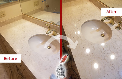 Before and After Picture of a Dull Marble Vanity Top Honed and Polished