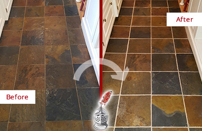 Sir Grout Cleans and Seals this Dirty Slate Floor to Make It Look Like New Before and After Picture of Slate Floor Cleaned and Sealed to Remove Embedded Dirt