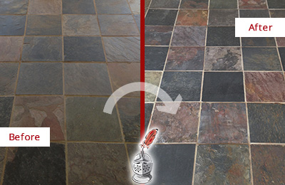 Sir Grout Cleans and Seals this Dull Hallway Slate Floor to Recover Its Colors Before and After Picture of a Dirty Hallway Slate Floor Cleaned and Sealed to Recover Its Colors