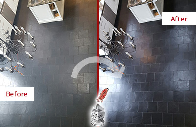 Sir Grout Cleans and Seals this Dull Slate Kitchen Floor to Recover Its Original Color Before and After Picture of a Dull Slate Kitchen Floor Cleaned and Sealed to Restore Its Original Color