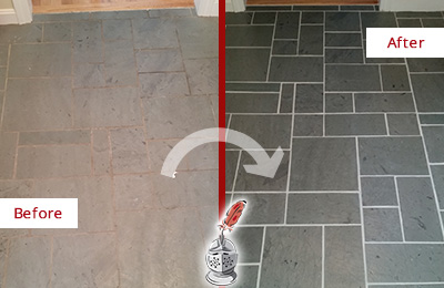Sir Grout Cleans and Seals this Slate Floor to Remove Stains Before and After Picture of Heavily Stained Slate Floor Cleaned and Sealed