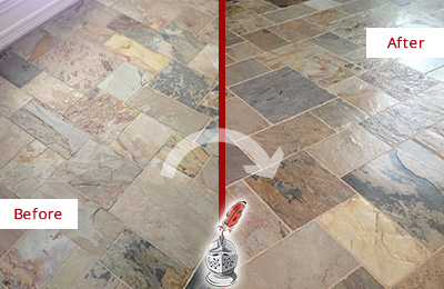 Sir Grout Cleans and Seals this Slate Floor for Further Protection Before and After Picture of a Unsealed Slate Floor Cleaned and Sealed to Restore Its Sheen