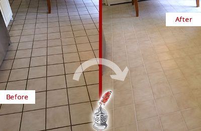 Before and After Picture of a Tile Kitchen Floor with Dirty Grout Lines