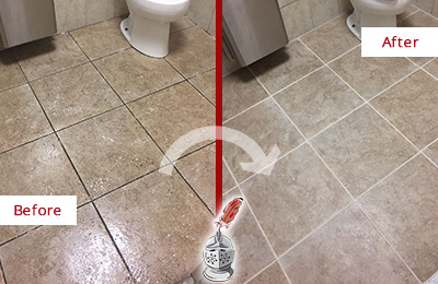 Sir Grout Cleans this Middleburg Restroom Tile and Grout to Remove Soil Before and After Picture of a Middleburg Restroom Tile and Grout Cleaned to Remove Soil