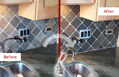 Sir Grout Caulks this Baldwin Backsplash Caulked to Fix and Prevent Water Leaks Before and After Picture of a Baldwin Backsplash Caulked to Fix and Prevent Water Leaks