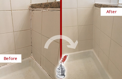 Sir Grout Caulks this Baldwin Shower Caulked to Repair Damaged Caulking Before and After Picture of a Baldwin Shower Caulked to Repair Damaged Caulking