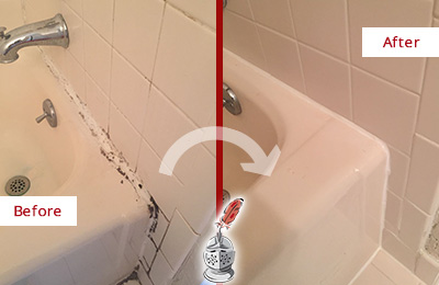Before and After Picture of a United States Bathroom Sink Caulked to Fix a DIY Proyect Gone Wrong