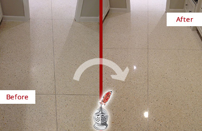 Sir Grout Polishes this Callahan Granite Stone Floor to Repair Dullness Before and After Picture of a Callahan Granite Stone Floor Polished to Repair Dullness